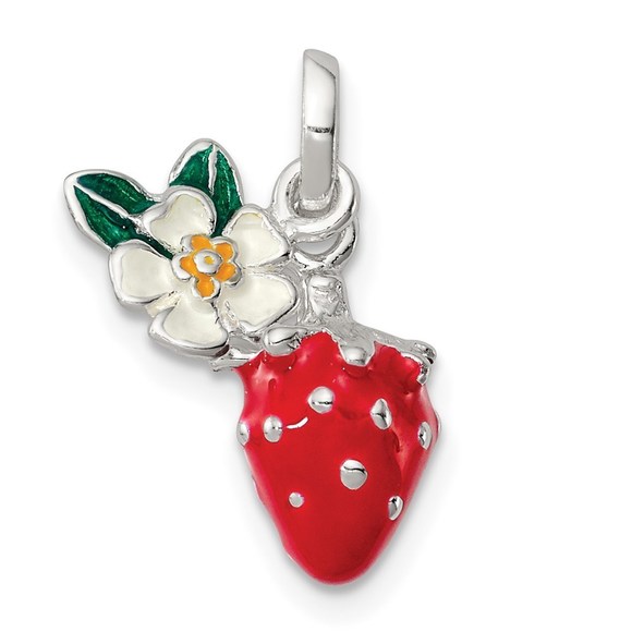 925 Sterling Silver Enamel Flower & Strawberry Children's Charm Pendant